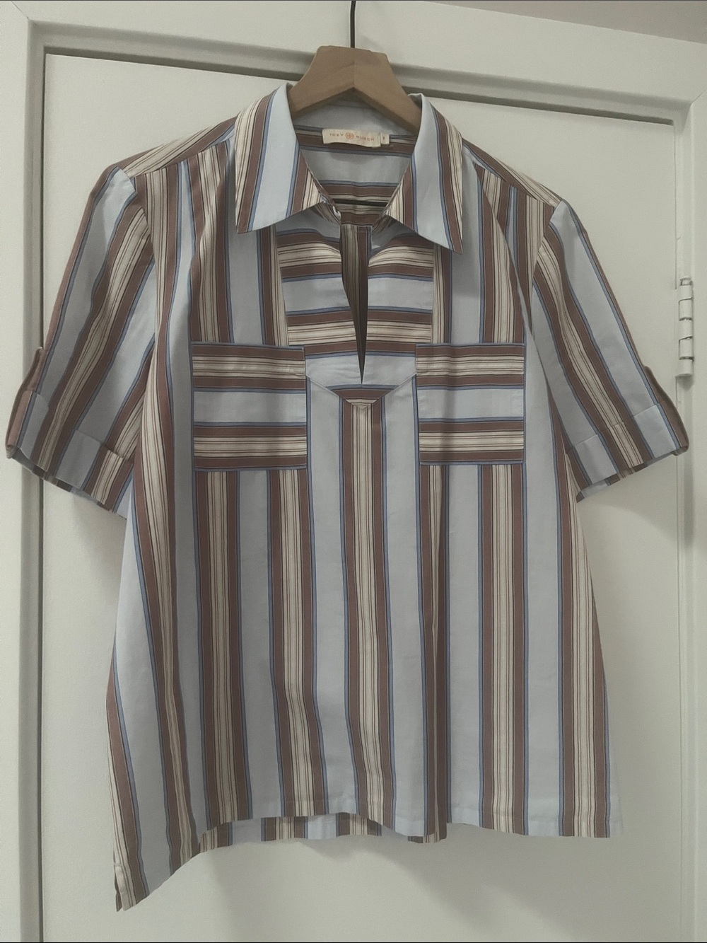 Tory Burch Striped Short-Sleeve Blouse | New Without Tags